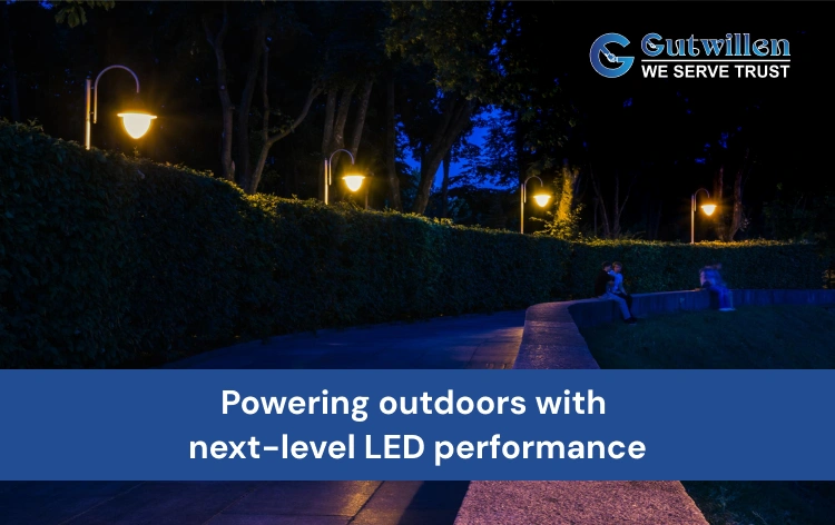 High-performance outdoor LED lighting fixtures installed in a commercial space by Gutwillen