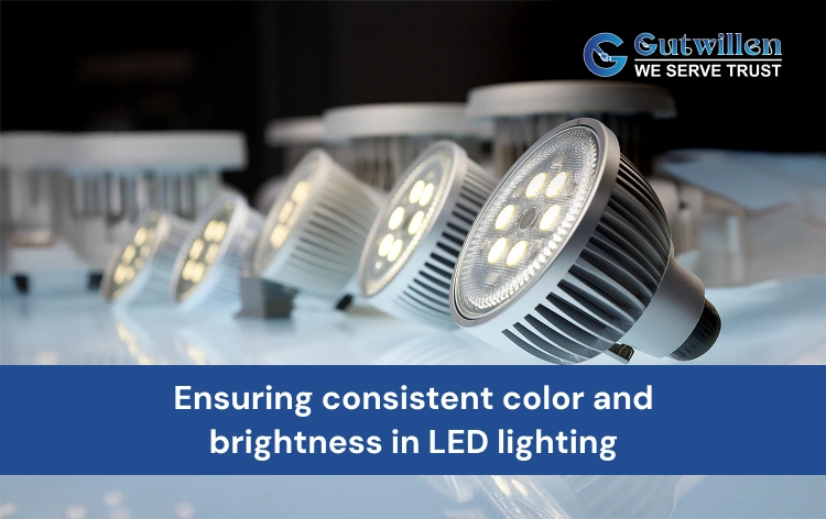 Technician testing LED lights for color and brightness consistency during production