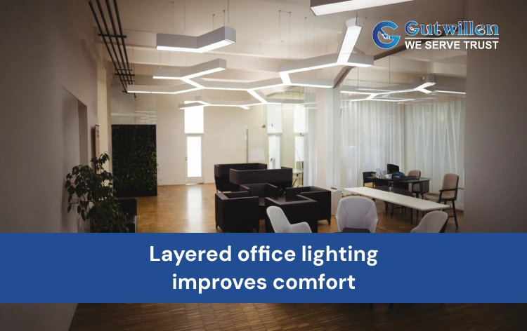 Office interior using LED panel lights with COB lights for layered commercial lighting.