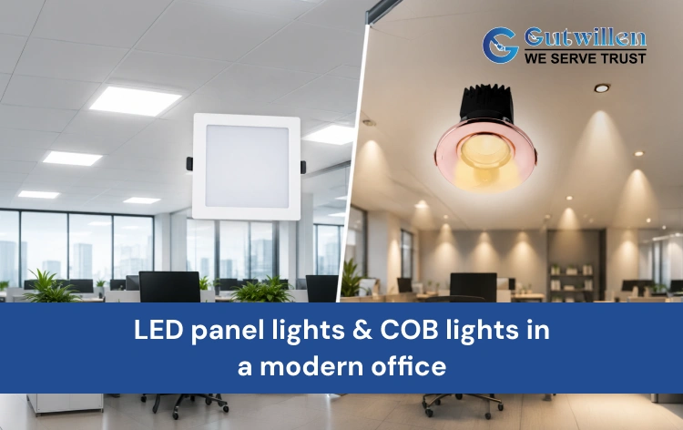 Comparison of LED panel lights vs COB lights for offices in a modern commercial workspace.